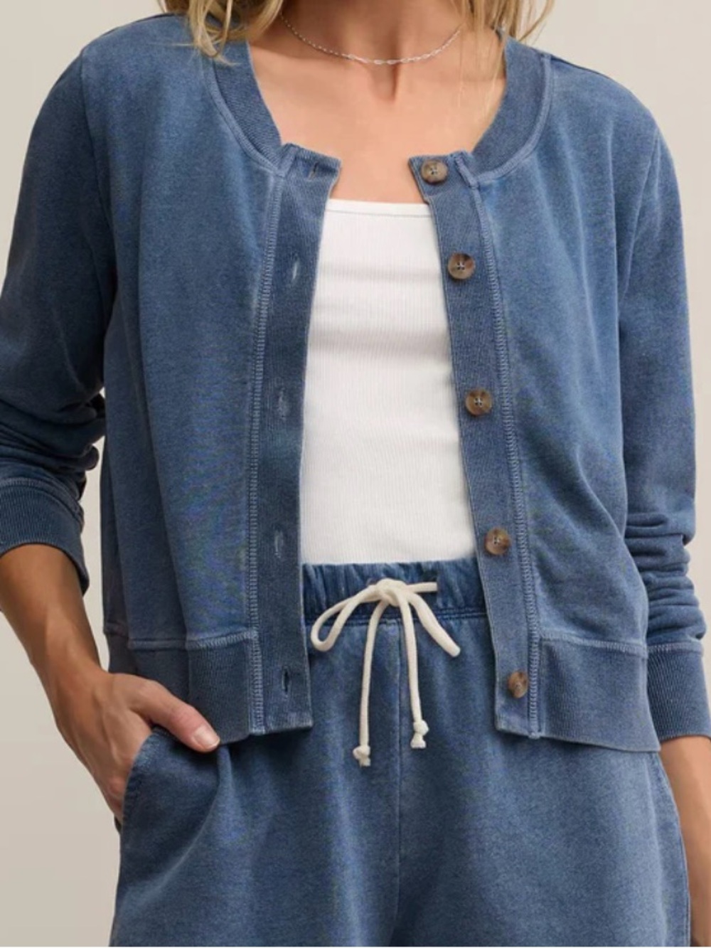 Z Supply Blue Button-Up Terry Knit Cardigan